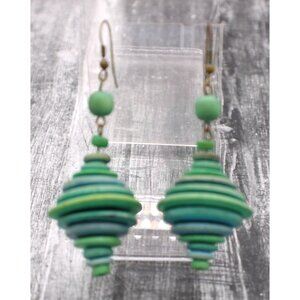 Spiral Earrings Green Blue Aqua Layered Disc Dangle Earrings Wooden Hook Pierced